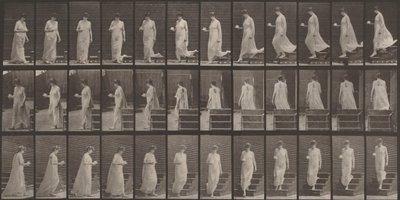 Levy numero 143. Laskeutuu portaita, kuppi ja aluslautanen oikeassa kädessä tekijältä Eadweard Muybridge
