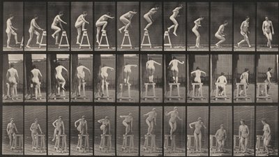 Kuvalaatta numero 171. Astuminen pukille, hyppääminen alas ja kääntyminen tekijältä Eadweard Muybridge