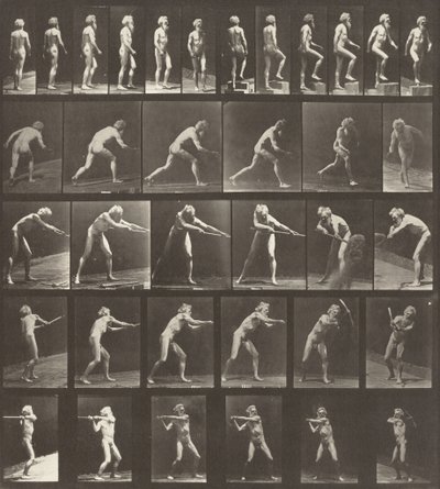 Kilven numero 521. A: Kävely. B: Askeleen nouseminen. C: Levyn heittäminen. D: Lapiolla. E, F: Käyttämällä hakkua tekijältä Eadweard Muybridge
