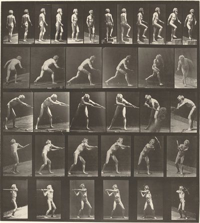 Kilven numero 521. A: Kävely. B: Nouseva askel. C. Heittolevy. D: Lapiolla. E, F. Käyttämällä pick tekijältä Eadweard Muybridge