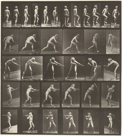 Kilpi numero 521. A: Kävellen. B: Nouseva askelma. C. Levyn heitto. D: Lapion käyttö. E, F. Hakun käyttö, 1887 (kuva). tekijältä Eadweard Muybridge