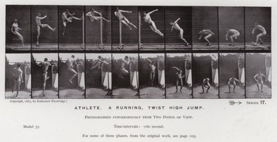 Ihmishahmo liikkeessä: urheilija, juokseva, kierretty korkeushyppy (m/v kuva) tekijältä Eadweard Muybridge