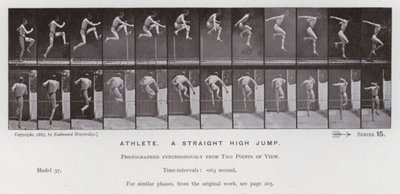 Ihmishahmo liikkeessä: Urheilija, suora korkeushyppy (m/v kuva) tekijältä Eadweard Muybridge