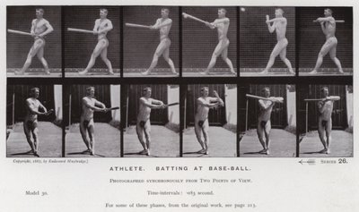 Ihmishahmo liikkeessä: Atleettinen, lyö pesäpalloa (m/v kuva) tekijältä Eadweard Muybridge