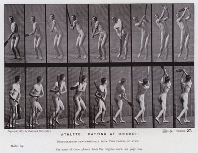 Ihmishahmo liikkeessä: urheilija lyömässä krikettiä (m/w kuva) tekijältä Eadweard Muybridge
