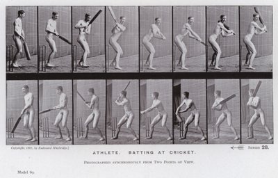 Ihmishahmo liikkeessä: urheilija lyömässä krikettiä (m/w kuva) tekijältä Eadweard Muybridge