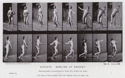 Ihmishahmo liikkeessä: urheilija, keilailu kriketissä (m/v kuva) tekijältä Eadweard Muybridge