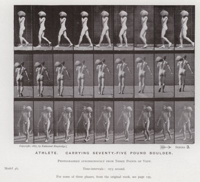 Ihmishahmo liikkeessä: urheilija kantaen seitsemänkymmentäviisi kiloa painavaa lohkaretta (m/v kuva) tekijältä Eadweard Muybridge