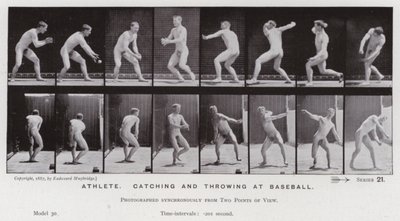 Ihmishahmo liikkeessä: urheilija, nappaa ja heittää pesäpalloa (m/w kuva) tekijältä Eadweard Muybridge