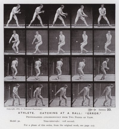 Ihmishahmo liikkeessä: urheilija, nappaa pallon kiinni, "error" (m/w kuva) tekijältä Eadweard Muybridge