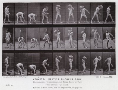 Ihmishahmo liikkeessä: Urheilija, heiluttelee 75 kiloa painavaa kiveä tekijältä Eadweard Muybridge