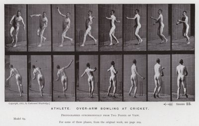 Ihmishahmo liikkeessä: urheilija, keilailu kriketissä (m/v kuva) tekijältä Eadweard Muybridge