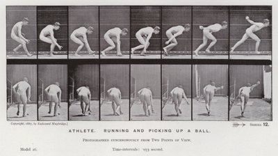 Ihmishahmo liikkeessä: urheilija, juoksemassa ja poimimassa palloa (m/w kuva) tekijältä Eadweard Muybridge