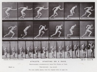 Ihmishahmo liikkeessä: urheilija, joka lähtee kisaan (m/w kuva) tekijältä Eadweard Muybridge