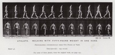Ihmishahmo liikkeessä: Urheilija kävelee 50 kiloa painaen toisessa kädessään (m/v kuva) tekijältä Eadweard Muybridge