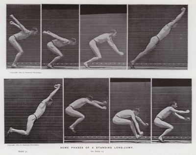 Ihmishahmo liikkeessä: Jotkut seisovan pituushypyn vaiheet (m/w kuva) tekijältä Eadweard Muybridge