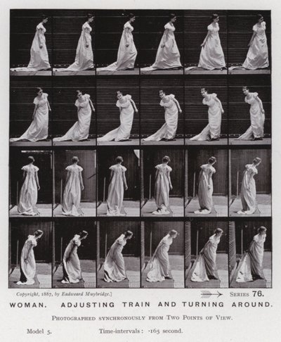 Ihmishahmo liikkeessä: Nainen säätelee junaa ja kääntyy ympäri (m/w kuva) tekijältä Eadweard Muybridge