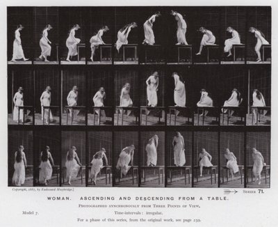 Ihmishahmo liikkeessä: Nainen, nouseva ja laskeva pöydästä (m/v kuva) tekijältä Eadweard Muybridge