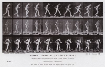 Ihmishahmo liikkeessä: Nainen, ylittäminen "askelkivillä" (m/v kuva) tekijältä Eadweard Muybridge