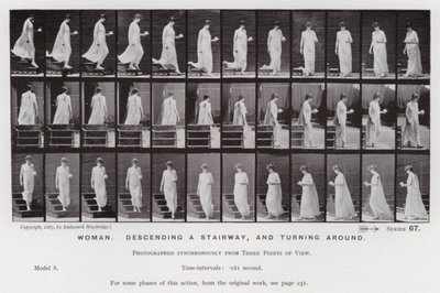 Ihmishahmo liikkeessä: Nainen laskeutuu portaita pitkin ja kääntyy ympäri (m/v kuva) tekijältä Eadweard Muybridge