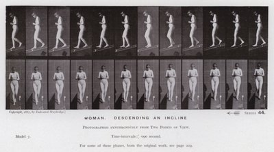 Ihmishahmo liikkeessä: Nainen laskeutumassa rinnettä (m/w kuva) tekijältä Eadweard Muybridge