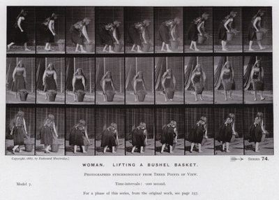 Ihmishahmo liikkeessä: Nainen nostamassa vakakoria (valkoinen kuva) tekijältä Eadweard Muybridge