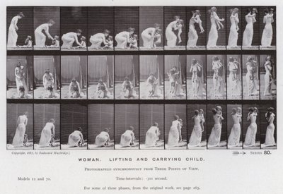 Ihmishahmo liikkeessä: Nainen, nostaa ja kantaa lasta (m/v kuva) tekijältä Eadweard Muybridge