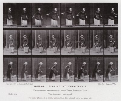 Ihmishahmo liikkeessä: Nainen pelaa nurmikkotennistä (m/w kuva) tekijältä Eadweard Muybridge