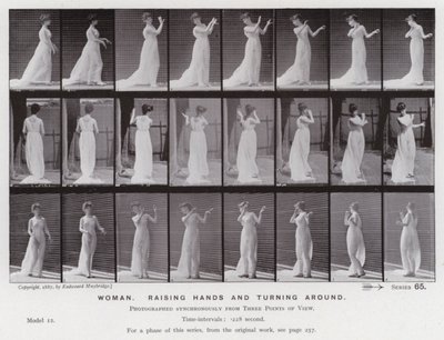 Ihmishahmo liikkeessä: Nainen, nostaa kädet ja kääntyy ympäri (m/w kuva) tekijältä Eadweard Muybridge