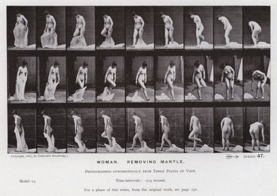 Ihmishahmo liikkeessä: Nainen irrottaa vaippaa (m/v kuva) tekijältä Eadweard Muybridge