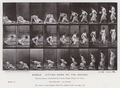Ihmishahmo liikkeessä: Nainen istumassa maassa (m/v kuva) tekijältä Eadweard Muybridge
