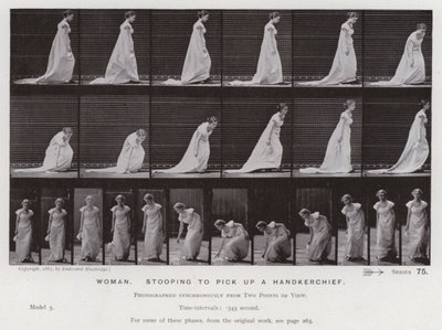 Liikkeessä oleva ihmishahmo: Nainen kumartumassa ottamaan nenäliinan (m/w kuva) tekijältä Eadweard Muybridge