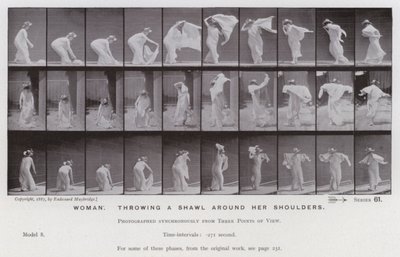Ihmishahmo liikkeessä: Nainen heittelee huivia hartioilleen (m/w kuva) tekijältä Eadweard Muybridge