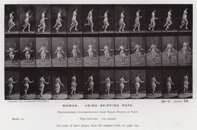 Ihmishahmo liikkeessä: Nainen hyppynarua käyttäessä (valkovalkoinen kuva) tekijältä Eadweard Muybridge