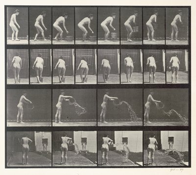 Nainen heittelee vesiämpäriä, levy 401 Animal Locomotionista, 1887 tekijältä Eadweard Muybridge