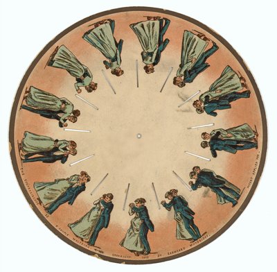 zoopraxiscope-levy, jossa pariskunta tanssii valssia , 1893 tekijältä Eadweard Muybridge