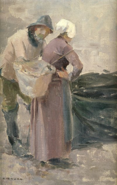 Kotiäiti katselee kalastajien saalista, n. 1900 tekijältä Eanger Irving Couse