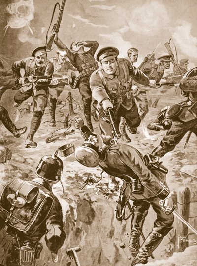 Korpraali J. Davies ja kahdeksan miestä reitittävät bajonetin kanssa saksalaisten ryhmää, joka oli aiemmin ympäröinyt heidät (litho) tekijältä Edgar Alfred Holloway