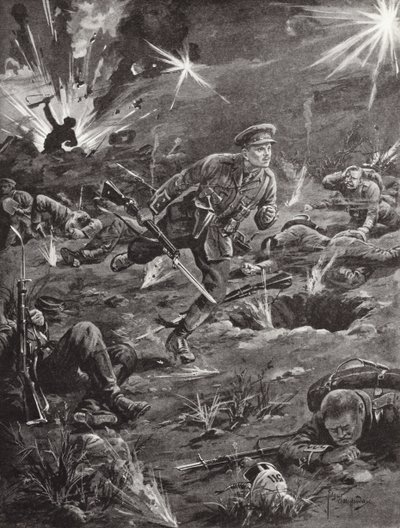 Luutnantti Benjamin Geary kiirehtimässä raskaan tulipalon alla kaivantoon kukkulan 60 oikealla puolella saadakseen yhteyden upseeriin, Ypres, Belgia, huhtikuu 1915 tekijältä Edgar Alfred Holloway