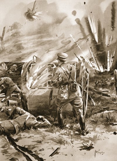 Majuri Warren poistamassa patruunoita palavasta ammusvaunusta suurella henkilökohtaisella riskillä tekijältä Edgar Alfred Holloway