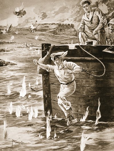 Midshipman Malleson hyppää linjalla proomusta yhdistääkseen toisen ajelehtivan proomun tekijältä Edgar Alfred Holloway