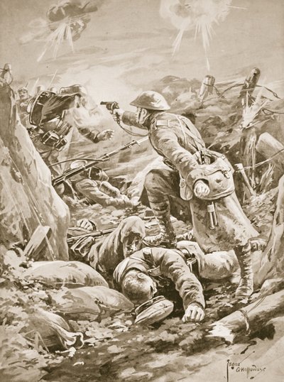 Yksityinen (vt. alikersantti) L. Clarke, yksin, pidättelee saksalaisten joukkoa vastahyökkäyksen aikana tekijältä Edgar Alfred Holloway