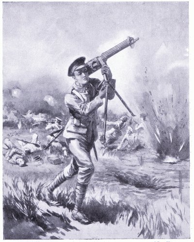 Private Lynn kuljettaa mukanaan konekivääriä korjattavaksi raskaan tulen alla Aisnen taistelussa. Palkittu DCM 1915 tekijältä Edgar Alfred Holloway