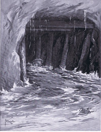 Toinen alikersantti Collier kamppailee ulos kaivosgalleriasta, joka oli lähes täynnä vettä työnsä jälkeen (DCM) (litho) tekijältä Edgar Alfred Holloway