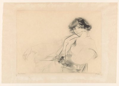 Nuori nainen rusetti hiuksissaan istuu tuolilla tekijältä Edgar Chahine (signed by artist)