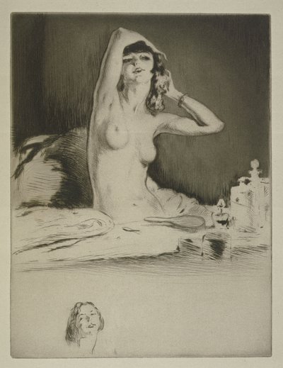 Nainen wc:ssä, Sidonie-Gabrielle Colette (1873-1954) kuvitus "Mitsou"-kirjaan, julkaistu 1930 (etsaus ja kuivapuikko) tekijältä Edgar Chahine