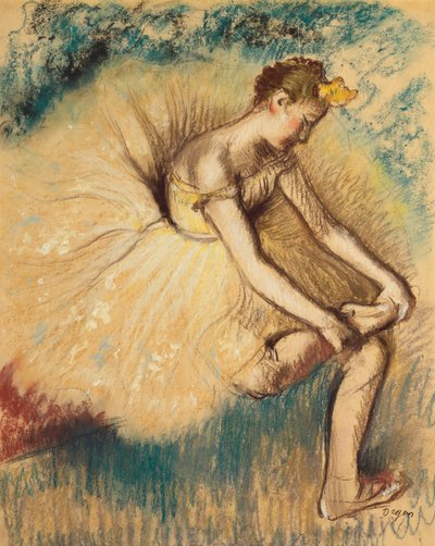 Tanssija pukee kenkiään; Tanssija sitomassa kenkiään, 1896 tekijältä Edgar Degas