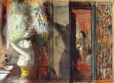 Näyttelijöiden pukuhuone, n. 1885 (pastelliväri etsauksen päällä paperille) tekijältä Edgar Degas