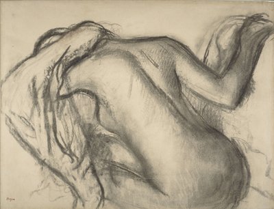 Kylvyn jälkeen nainen kuivaamassa hiuksiaan, n. 1893-1898 (hiili ja ruskea liitu paperille) tekijältä Edgar Degas