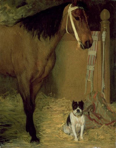 Tallilla, hevonen ja koira, n. 1862 tekijältä Edgar Degas